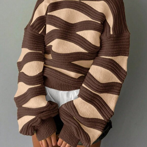 Khaki & Browm Casual Women's Round Neck Wave Stripe Long-Sleeved Knit Sweater - Picture 3 of 4
